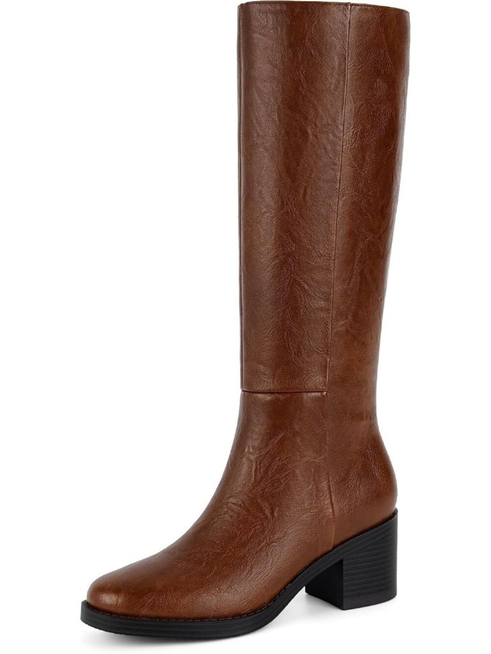 Women's Retro Tan Knee High Boot Chunky Low Block Heel Round Toe Boots Anti Slip